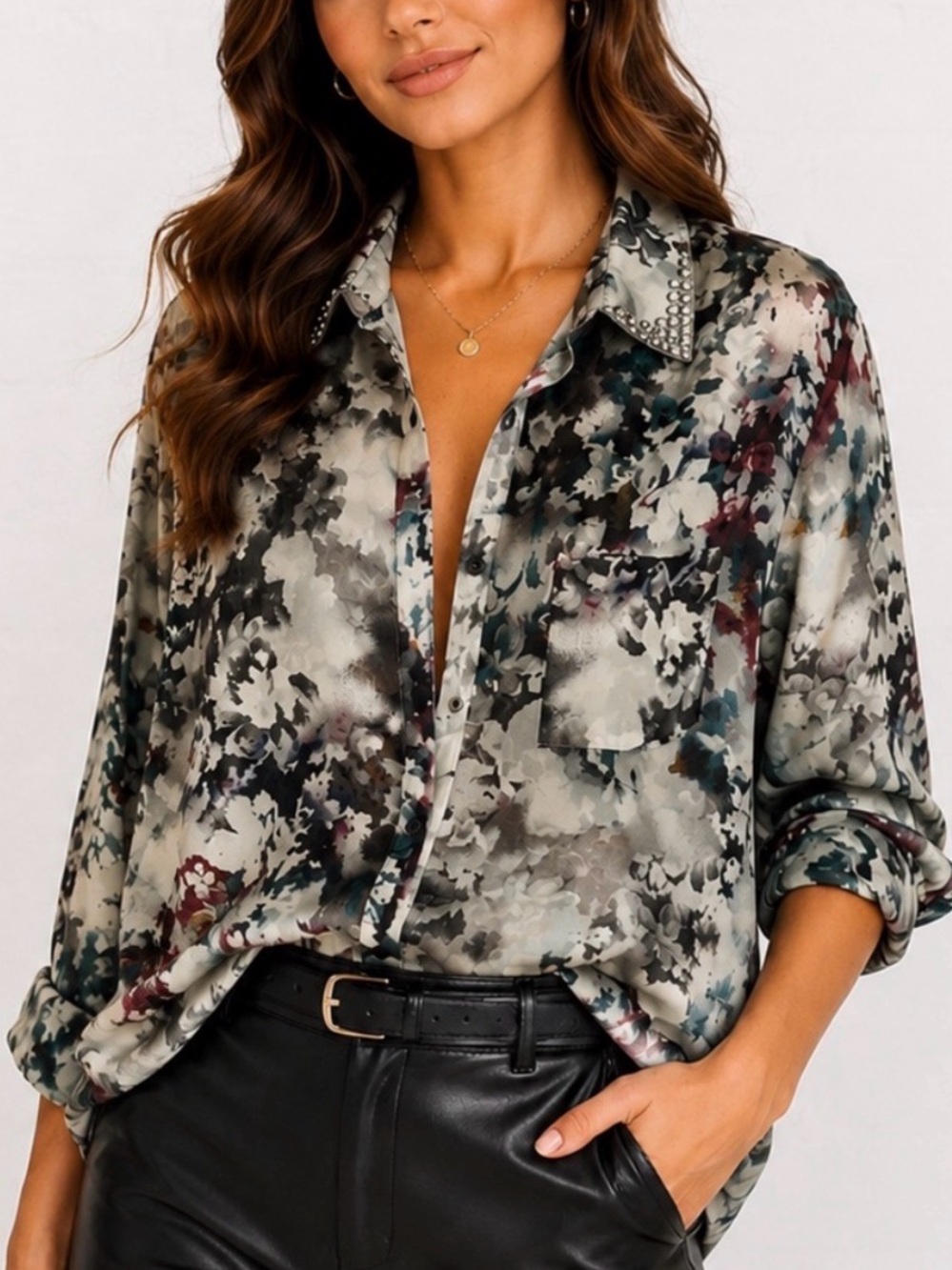 Bellatrix Floral Sheer Embellished Collar Button Down Flowy Blouse Medium
